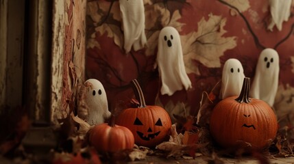 Wall Mural - wallpaper background with pumpkins and ghost