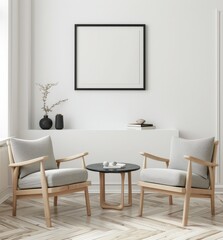 A minimalistic living room interior with two armchairs. a coffee table. and a framed picture on the wall The room is painted white and has a wooden floor