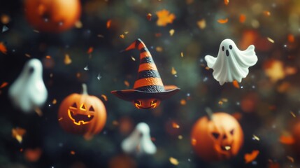 Wall Mural - halloween background with scary flying pumpkin