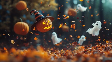 Wall Mural - halloween background with scary flying pumpkin