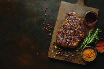 Sticker - Grilled steak garnished with spices and herbs on a wooden cutting board in a rustic setting