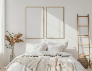 A minimalist bedroom with a white bed. a wooden ladder. and two empty frames on the wall. perfect for adding your own design