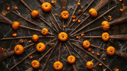 Wall Mural - halloween background with pumpkins and witch broom