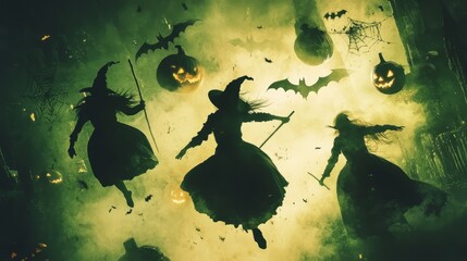 Wall Mural - vector spooky halloween background with bats and witch