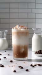 Sticker - Refreshing iced coffee with milk and ice in a cozy kitchen setting during the day