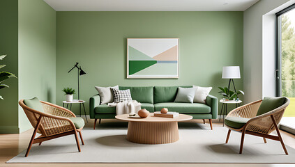 Wall Mural - coffee table ellipse near light green sofa wicker chairs green walls create cozy scandinavian modern living room atmosphere