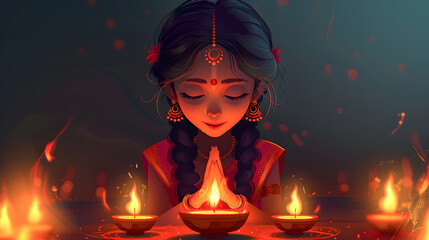 Indian lady with candles. A girl performs a ritual, Traditions and religion, Buddhism. Diwali festival, holiday. The character prays to God