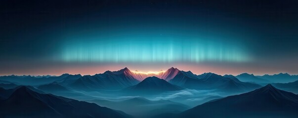 Aurora lights shimmering above a vast mountain landscape, with glowing peaks piercing through layers of mist