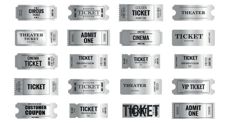 Vector big set of silver ticket template white isolated background. Invite silver ticket for casino, theater, cinema, movie, coupon, voucher.