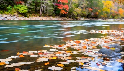 Autumn leaves floating on a river, natural beauty at a glance.