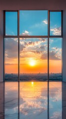 Canvas Print - A stunning sunset view through large windows in a modern building showcasing vibrant colors