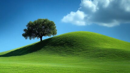 Wall Mural - A lone tree stands on a grassy hill against a blue sky with white clouds.