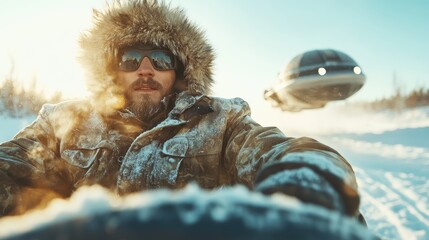 A bearded man in winter attire rides a snow vehicle while a futuristic craft hovers in the snowy landscape, showcasing adventure and technological exploration.