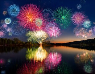 Wall Mural - a vibrant array of new yeara s fireworks reflecting off a calm lake