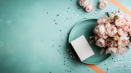 A teal background sets the stage for a lush peach bouquet on a teal plate, beautifully juxtaposed with decorative details and a pristine white gift box scattering confetti.