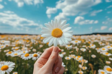 Wall Mural - a hand holding a daisy against a beautiful sunset over a field of wildflowers in summer