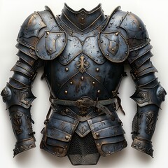 Knights plate armor with heraldic. Blue medieval steel clothing for war with full protection of shoulders and body for war and tournament