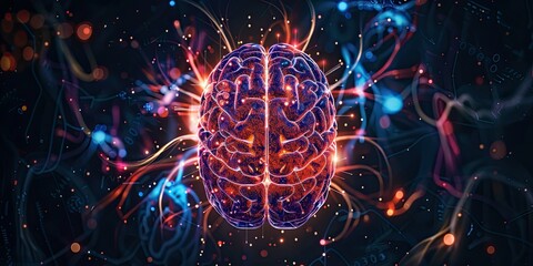 Canvas Print - Futuristic glowing brain and gut connecting on black background 