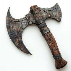 Old viking battle axe. Antique weapon with rusty wide blade with cracks and wooden handle for guardian and knight