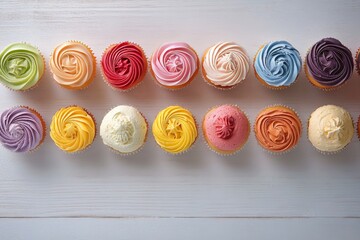 Wall Mural - Colorful assorted cupcakes arranged neatly on a wooden background during daylight hours