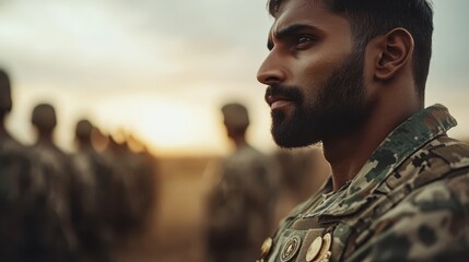 A focused soldier in military attire stands in a field at sunset, surrounded by fellow soldiers, conveying bravery, strength, and readiness for action.