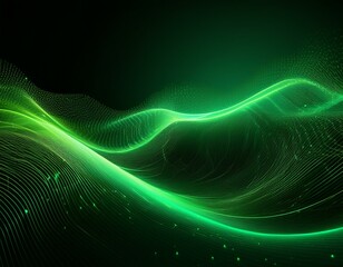 Wall Mural - green gradient background with abstract digital waves dots and lines in motion on a black backdrop a