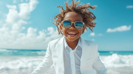 A smiling child in a crisp white suit, wearing sunglasses, enjoys a bright and sunny day at the beach, with the vast ocean and blue sky as a backdrop.