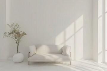 Minimalist living room interior design with a white sofa and a plant in a white pot. sunlight coming through a window