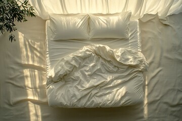 Comfortable unmade bed with white linens and pillows on wooden floor in a bright room