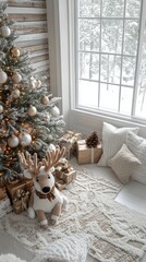 Poster - Cozy winter living room decorated for the holidays with a Christmas tree and gifts