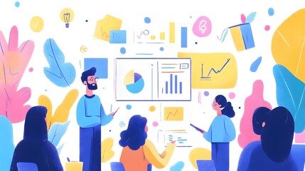 Wall Mural - A diverse group of professionals collaborating on data analysis in a vibrant workspace.