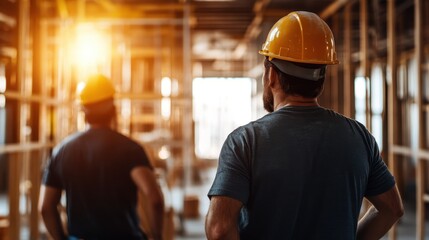 This image depicts two workers in an industrial setting, one with a focus on safety helmets, captured during the golden hour, symbolizing craftsmanship and teamwork.