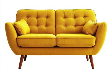 bright yellow armchair with simple design and wooden legs positioned against a white background