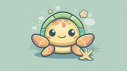 Wall Mural - Cute cartoon turtle with a starfish on its shell