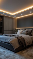 Cozy modern bedroom with ambient lighting and stylish decor during evening hours