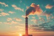 © logitech - A tall industrial chimney with a plume of smoke against a sunset sky.