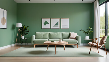 Wall Mural - light green sofa sits near round wooden coffee table green wall modern scandinavian living room setting