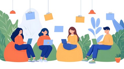 Wall Mural - Four young professionals working together in a bright, creative workspace.