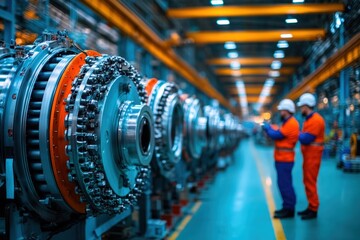 A detailed view of industrial machines aligned in a modern factory setting, representing efficiency, teamwork, and cutting-edge technology in manufacturing.