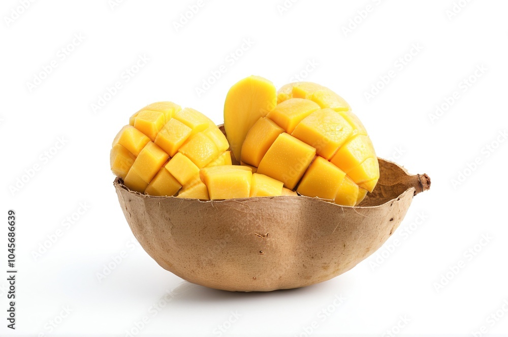 Tropical Freshness Concept: Nam Dok Mai Mango Slices Served in Coconut Shell Bowl on White Plate