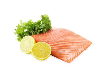 Wall Mural - Piece of fresh salmon, lime and lettuce isolated on white