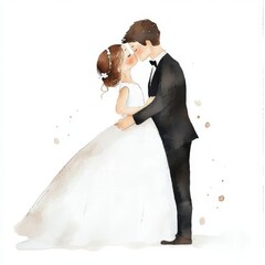 cute couple kissing on their wedding day - watercolor drawing on white background