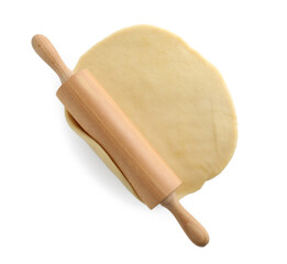 Wall Mural - Cooking homemade pie. Raw dough and wooden rolling pin isolated on white, top view