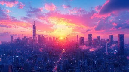 Wall Mural - A vibrant sunset over a city skyline, showcasing skyscrapers against a colorful sky.