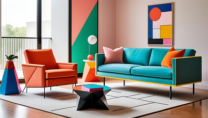 postmodern memphis style furniture features vibrant colors geometric shapes modern living room design