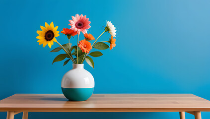 retro wooden table features colorful flower vase blue wall background creative artwork empty space