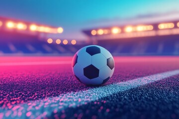 Wall Mural - A soccer ball rests on the field at dusk near bright stadium lights before a match begins