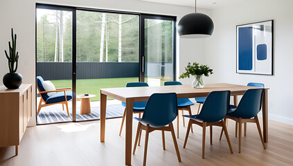 Wall Mural - scandinavian blue chairs wooden table sit window modern dining room clean lines minimal decor