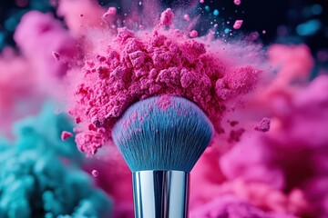 A makeup brush captures the dynamic burst of pink powder, symbolizing artistic expression and creativity in a vibrant, captivating scene.