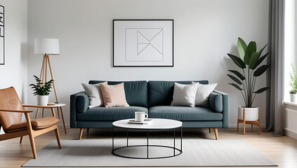 Wall Mural - scandinavian style coffee table sits near sofa armchair wall mockup poster frame modern living room setting